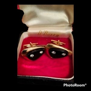 Vintage Sarah Coventry Onyx Rhinestone And Gold Tone Retro Cufflinks